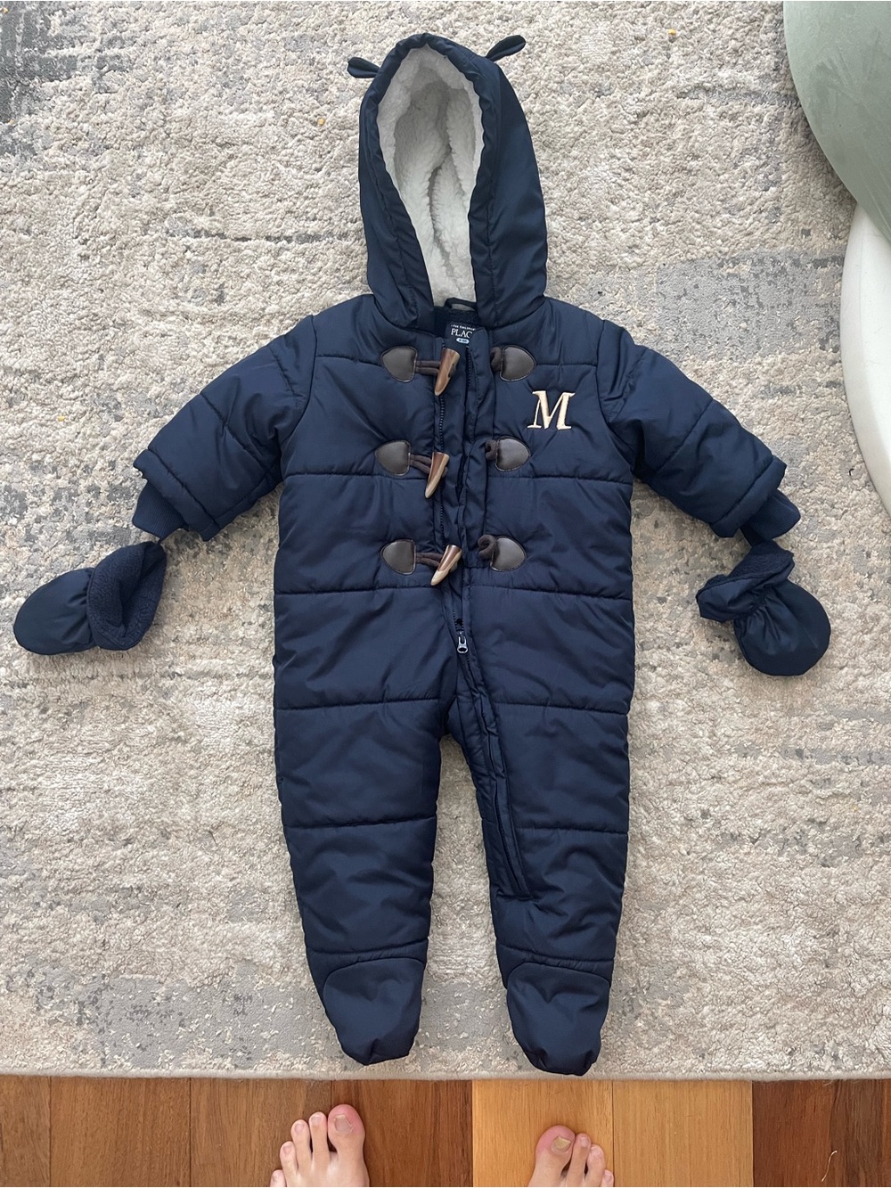 The Children’s Place Navy Puffer Snowsuit with Mittens- letter M 6-9 months